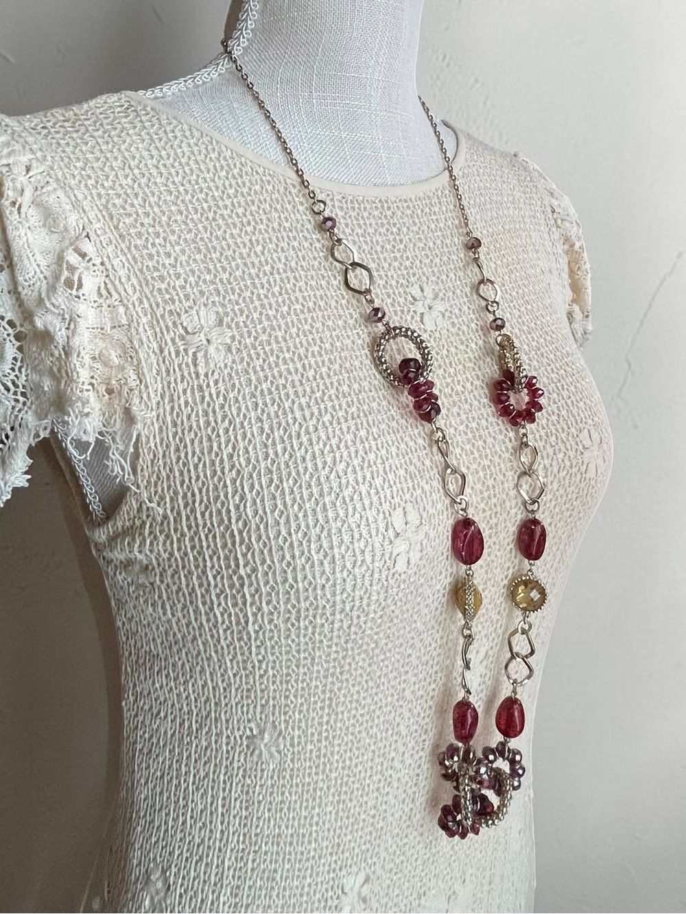 NY Burgundy AB Crystal Red Bead Gold Tone Long Necklace